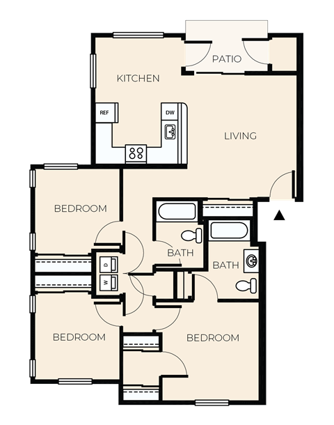 Floor plan for 3 beds, 2 baths, 1110 sqft